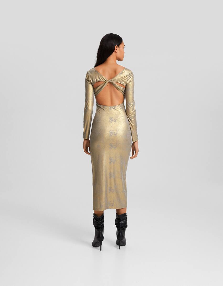 Laminated fitted midi dress with long sleeves and back detail-Gold-1