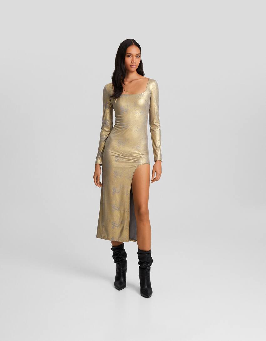 Laminated fitted midi dress with long sleeves and back detail-Gold-0
