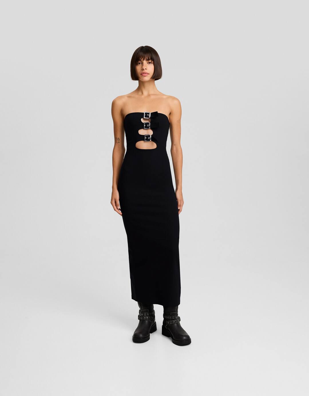 Cut-out strapless midi dress with buckles