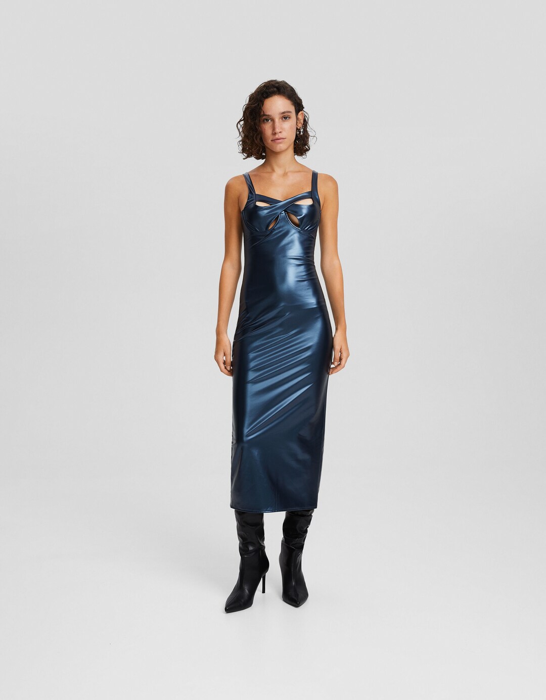 Metallic midi-jurk met leereffect, bandjes en cut-out detail