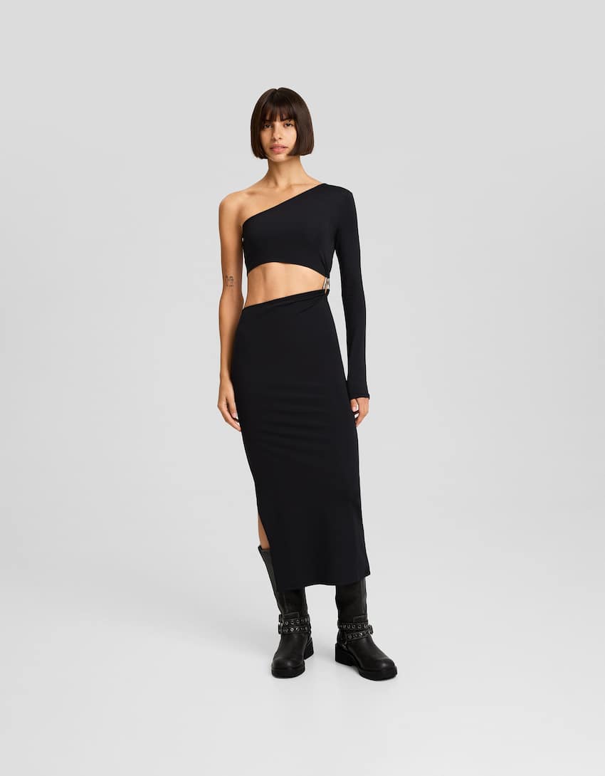 Long sleeve asymmetric midi dress with side detail-Black-0