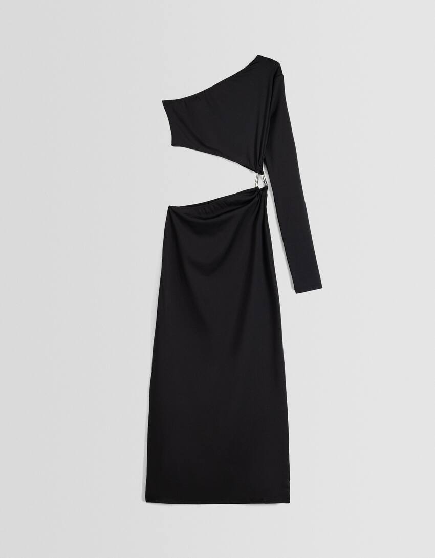 Long sleeve asymmetric midi dress with side detail-Black-4