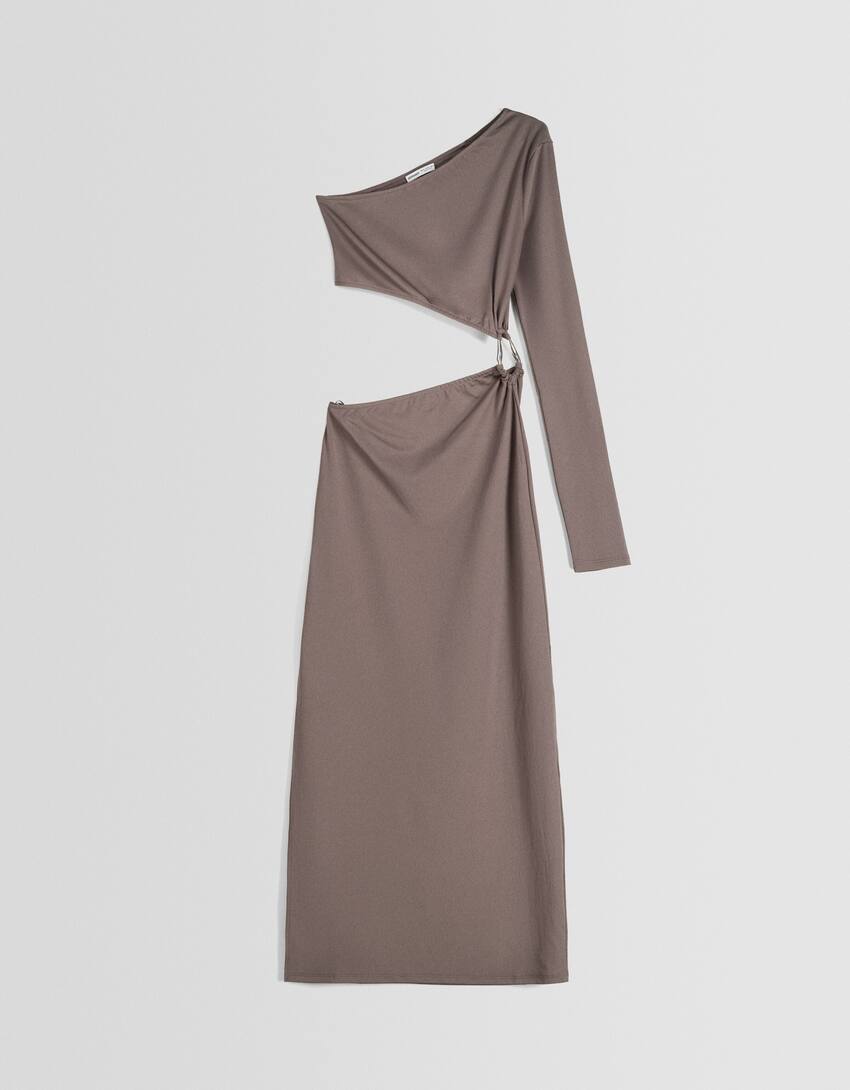 Long sleeve asymmetric midi dress with side detail-Dark grey-4