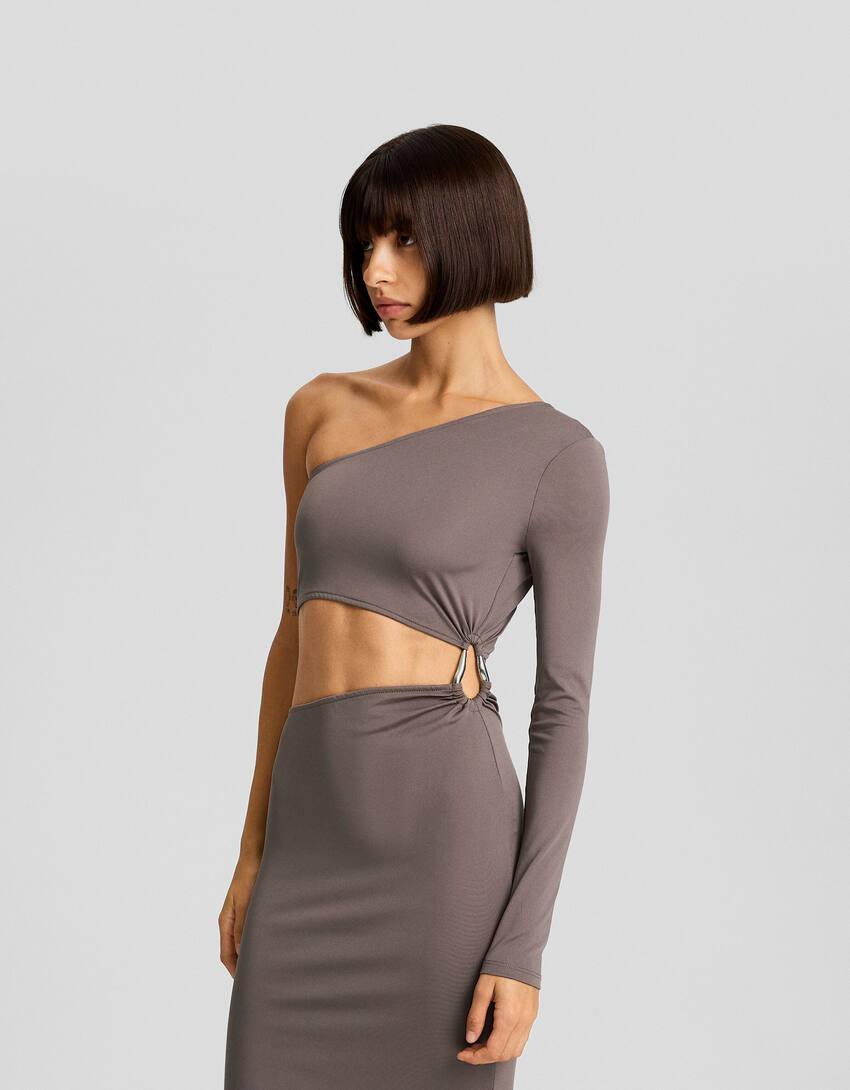 Long sleeve asymmetric midi dress with side detail-Dark grey-1