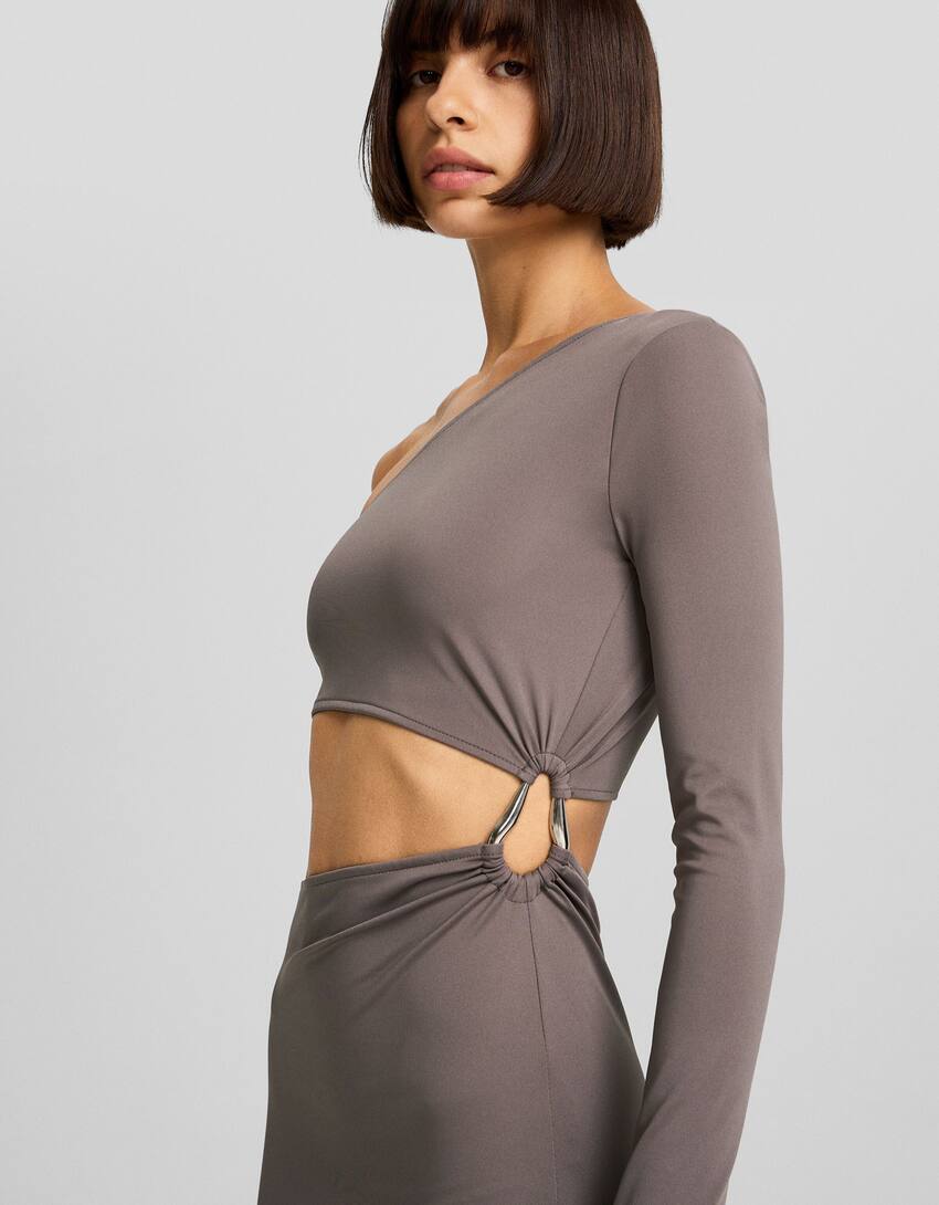 Long sleeve asymmetric midi dress with side detail-Dark grey-3