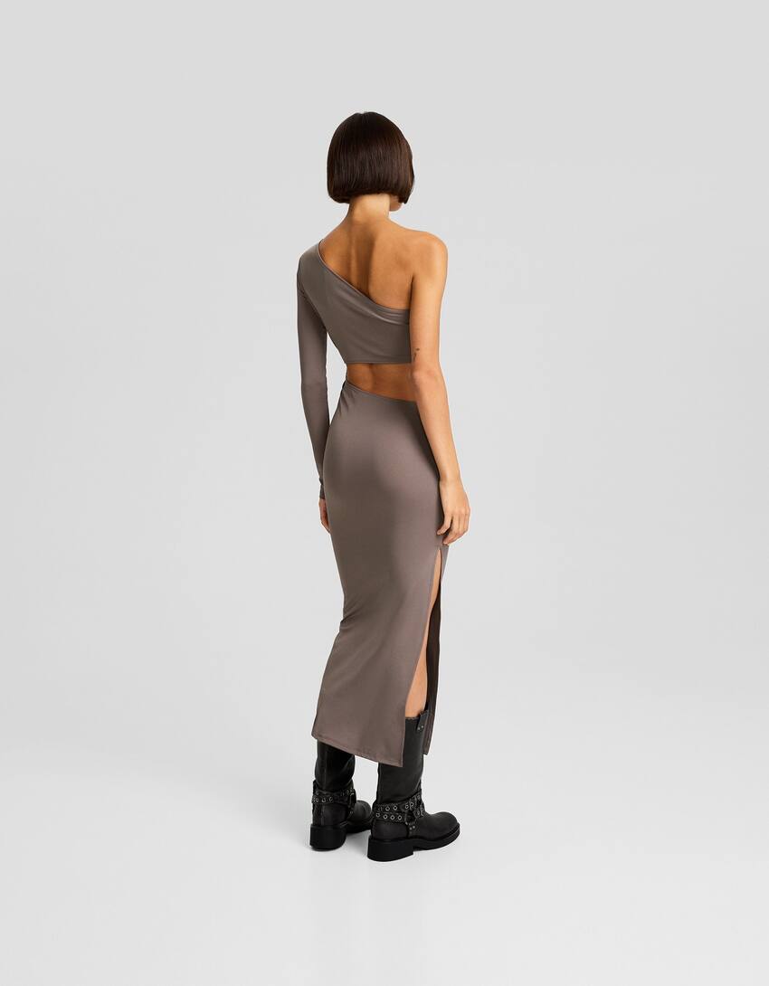 Long sleeve asymmetric midi dress with side detail-Dark grey-2