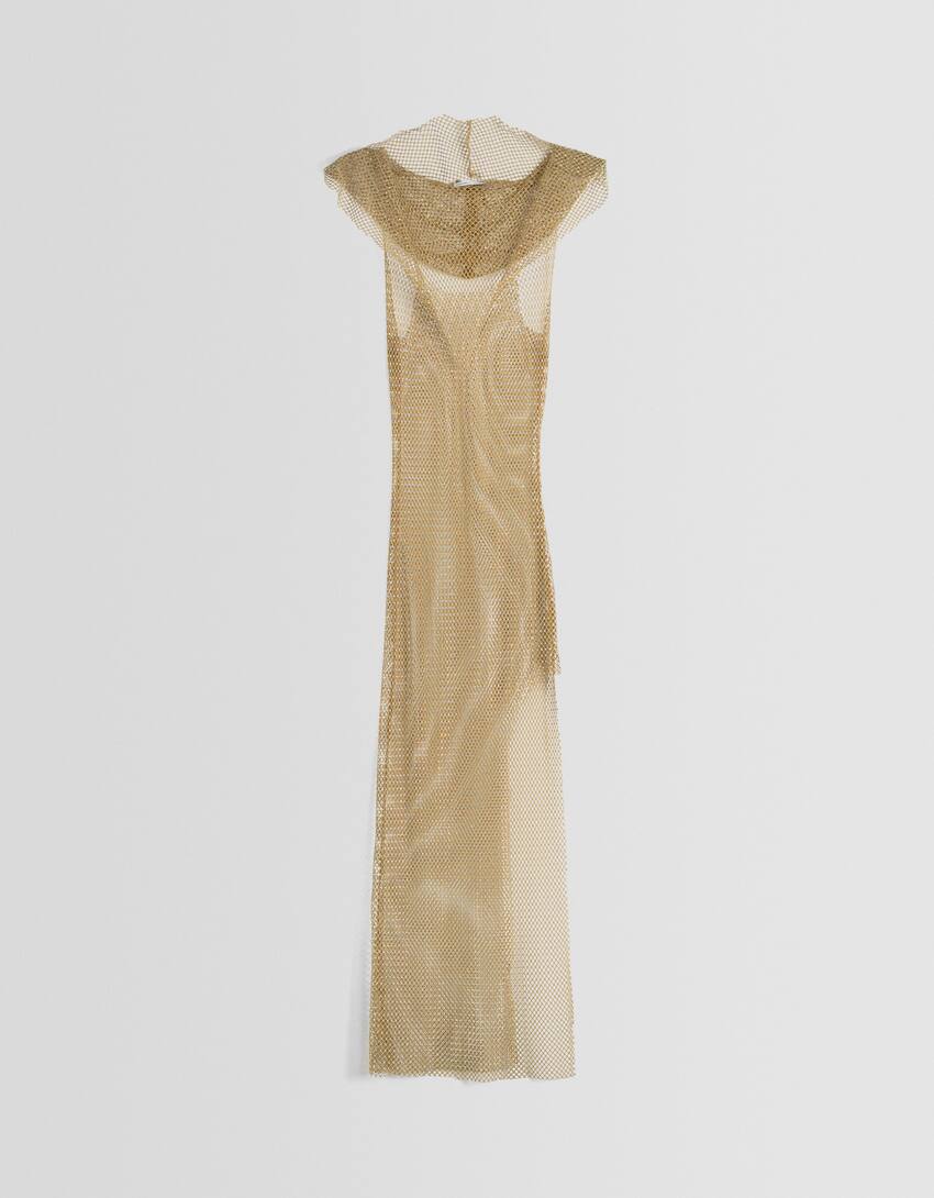 Sleeveless rhinestone midi dress with hood-Gold-4