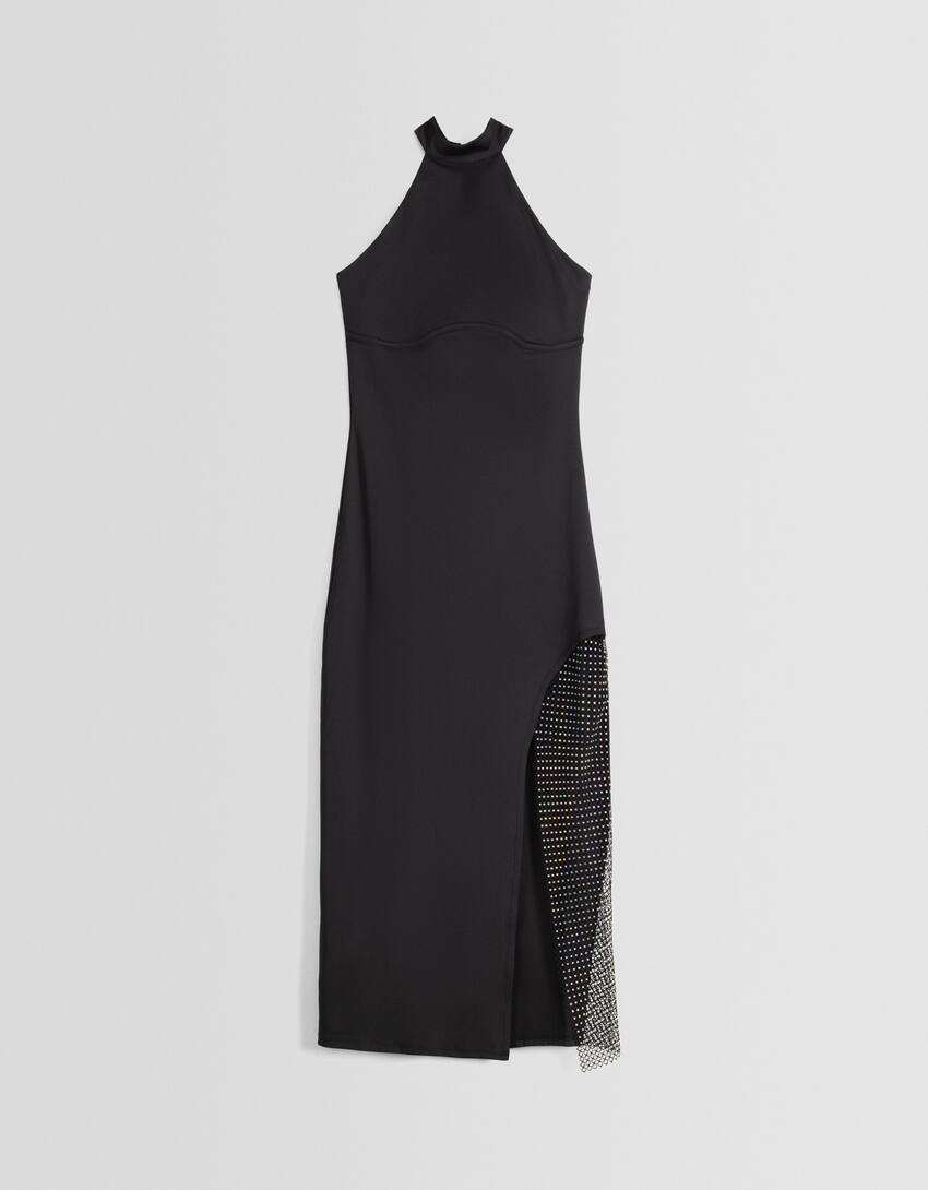 Halterneck midi dress with rhinestone detail-Black-4