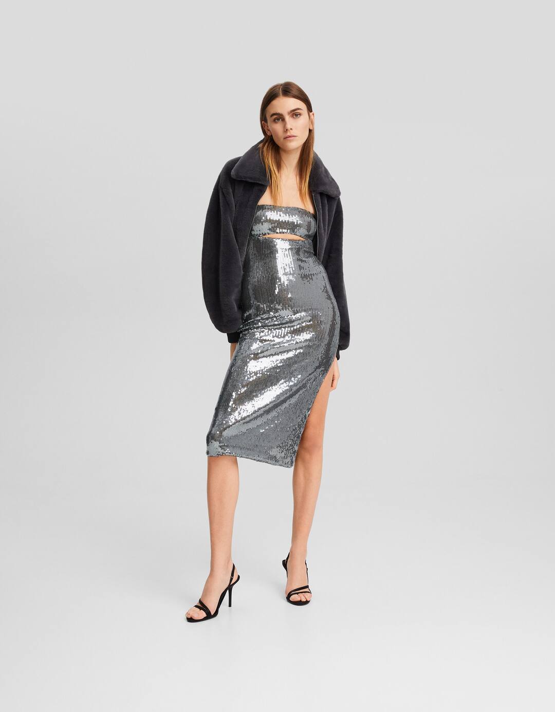Sequinned cut-out midi dress with bandeau neckline
