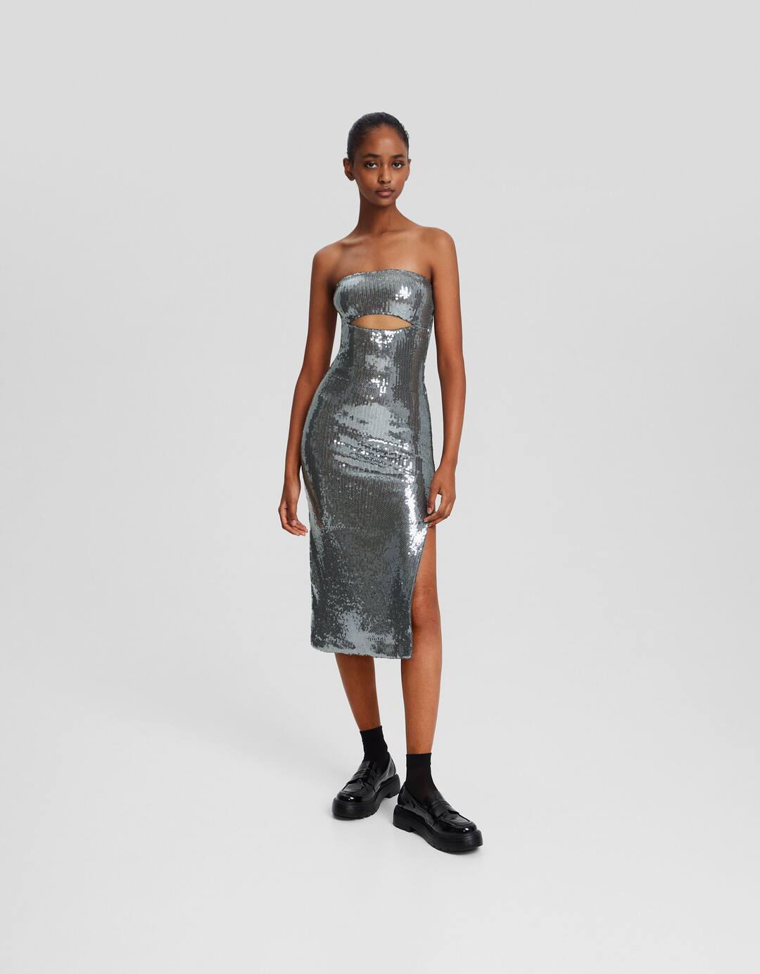 Sequinned cut-out midi dress with bandeau neckline