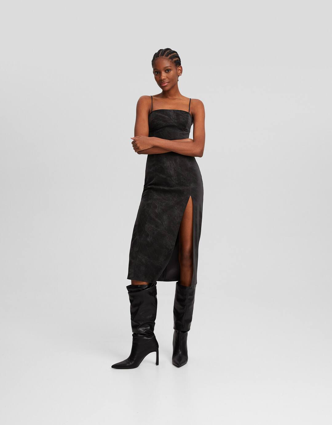 Leather effect strappy midi dress with tied back