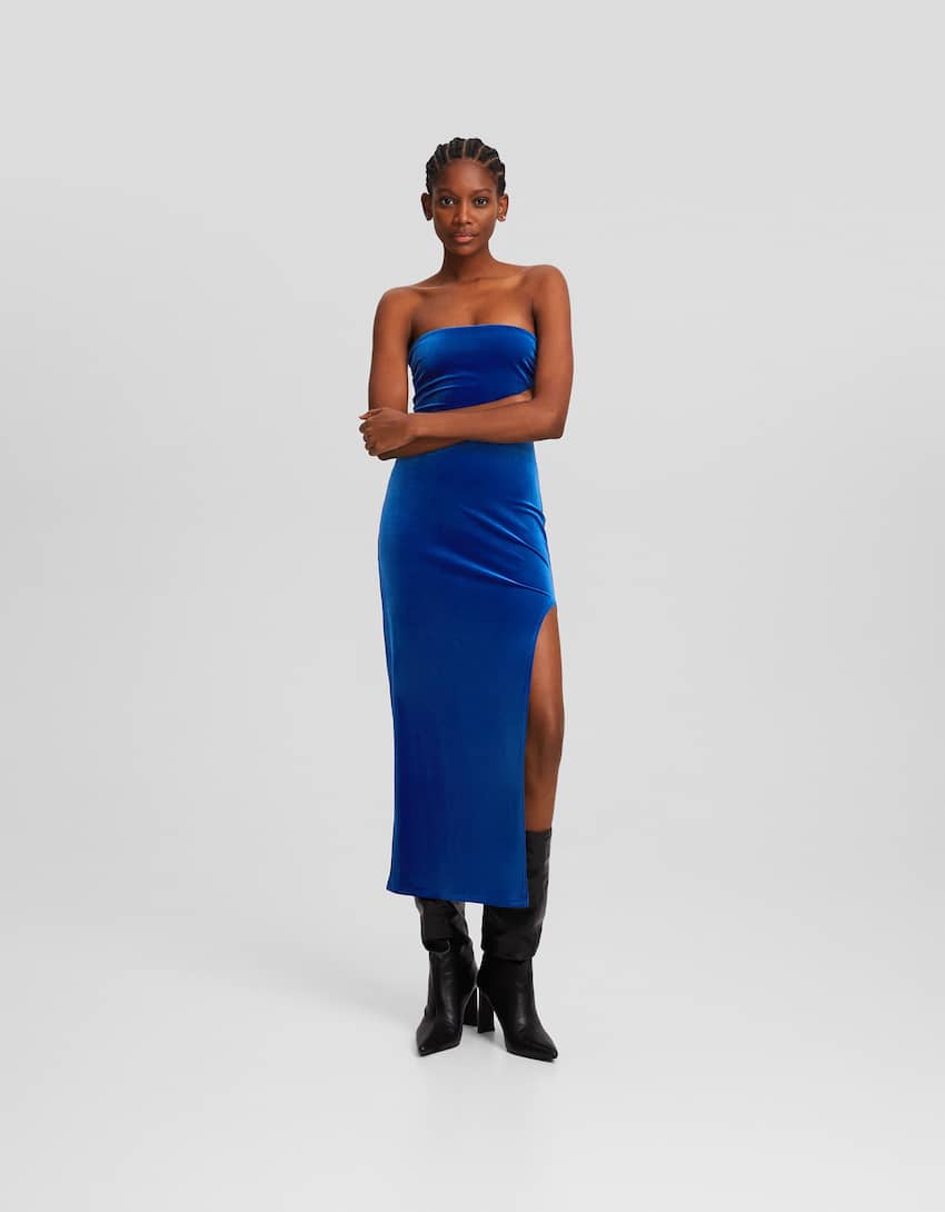 Velvet midi dress with bandeau neckline-Blue-0