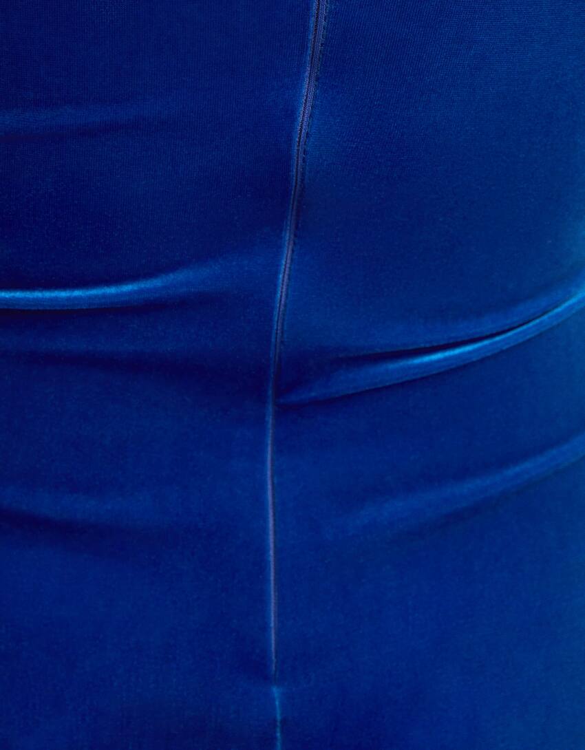 Velvet midi dress with bandeau neckline-Blue-5
