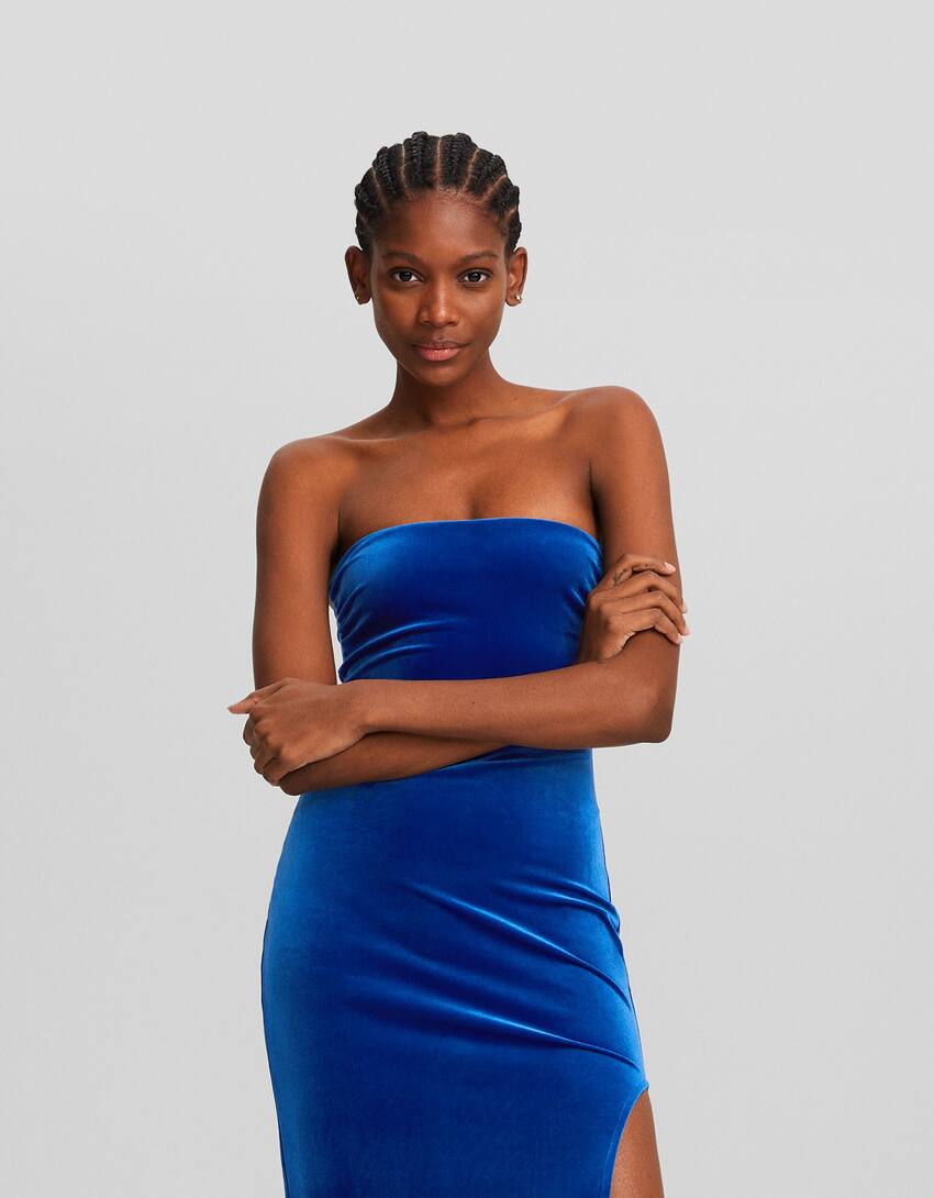 Velvet midi dress with bandeau neckline-Blue-1