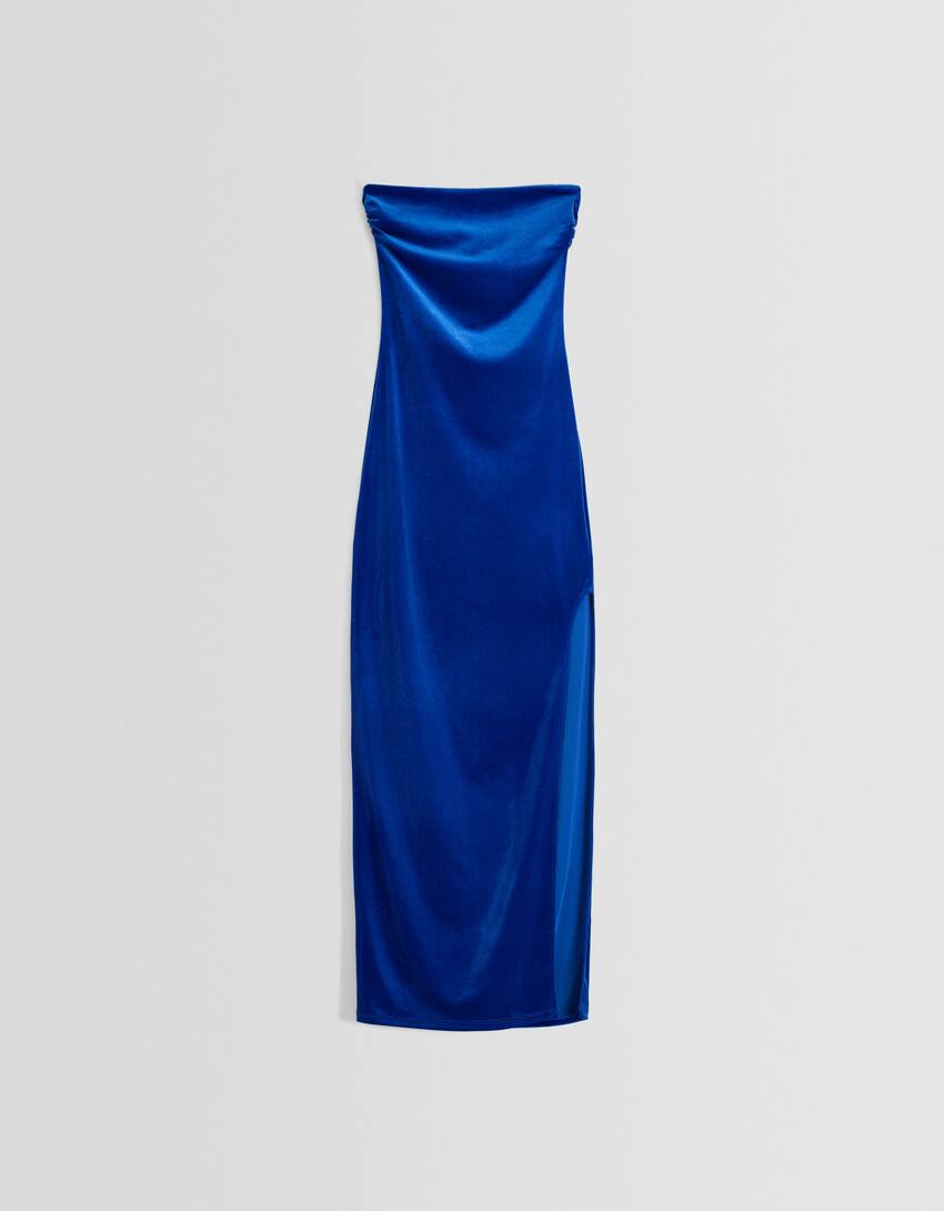 Velvet midi dress with bandeau neckline-Blue-4