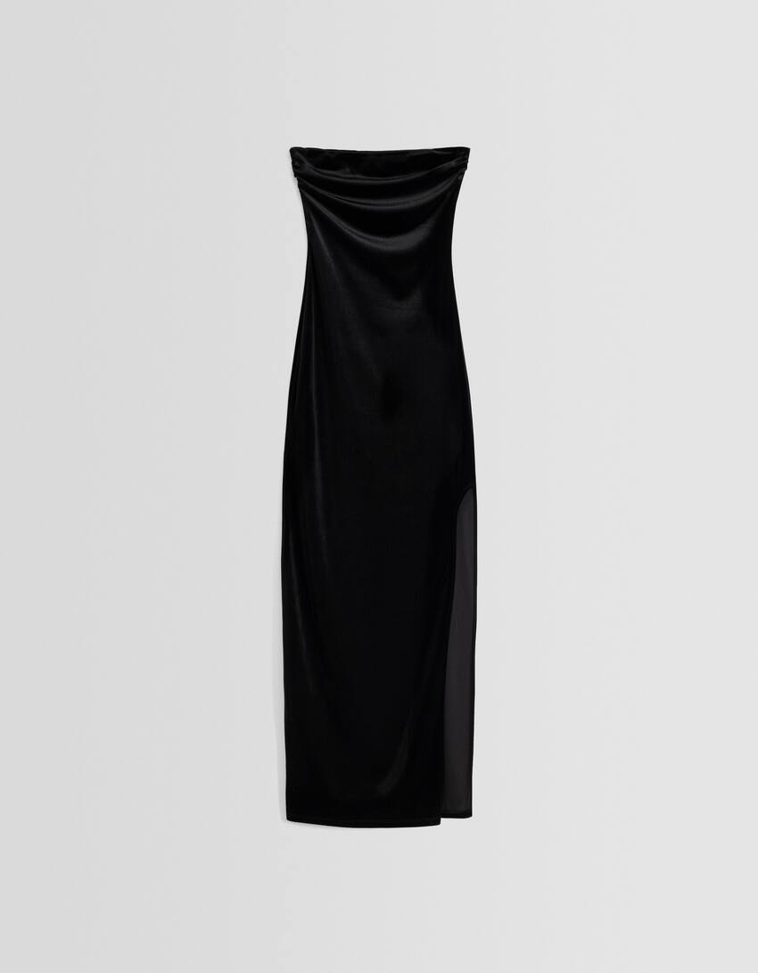 Velvet midi dress with bandeau neckline-Black-4