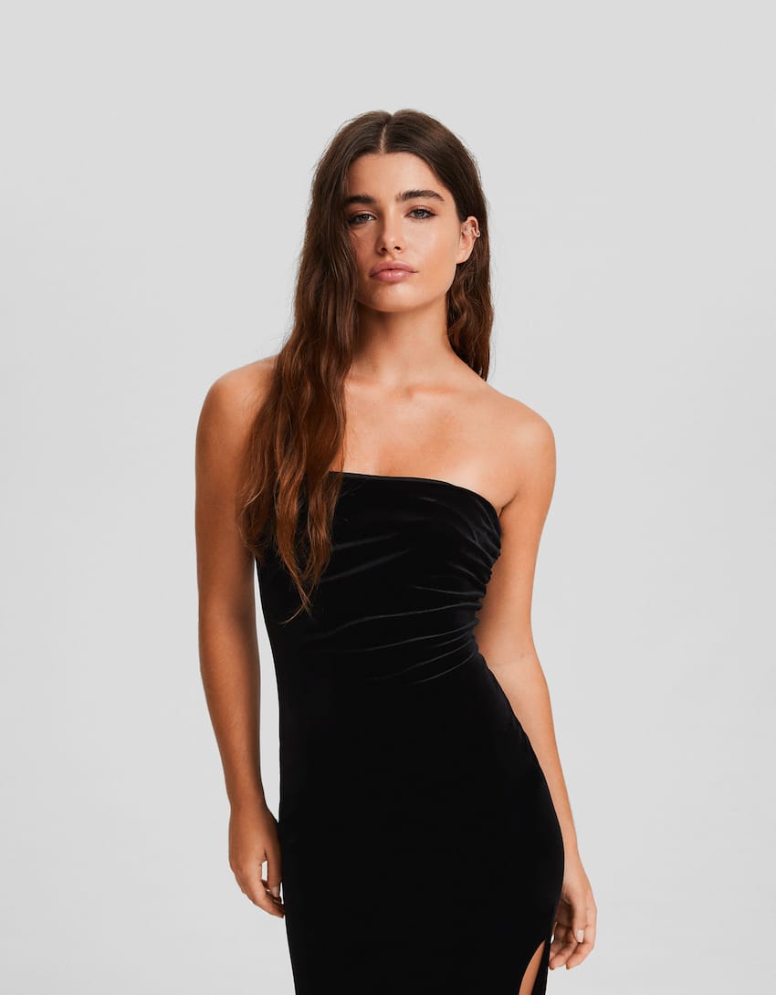 Velvet midi dress with bandeau neckline-Black-1