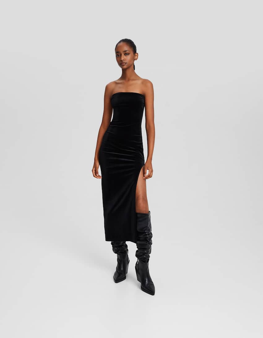 Velvet midi dress with bandeau neckline-Black-0