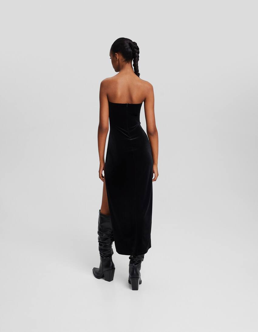 Velvet midi dress with bandeau neckline-Black-2