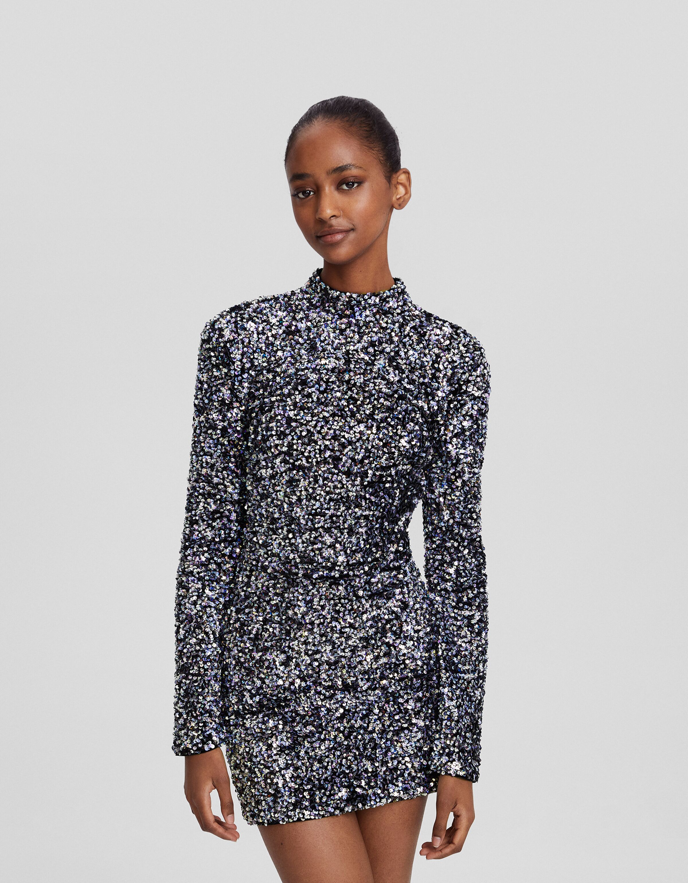 Sequined long sleeve mini dress with velvet detail Party Women