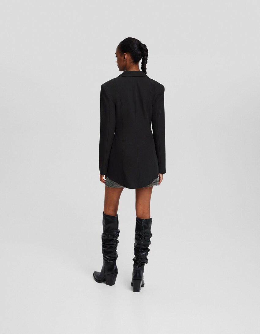 Tailored long sleeve rhinestone mini dress-Black-2