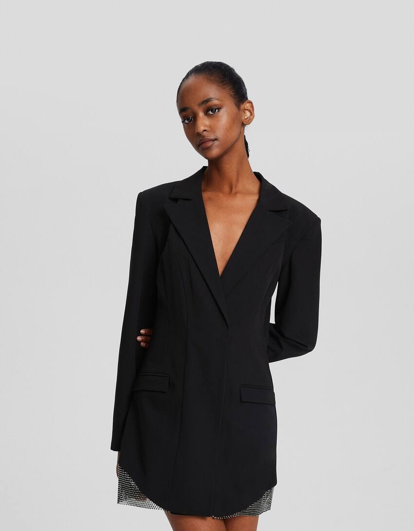 Tailored long sleeve rhinestone mini dress-Black-1