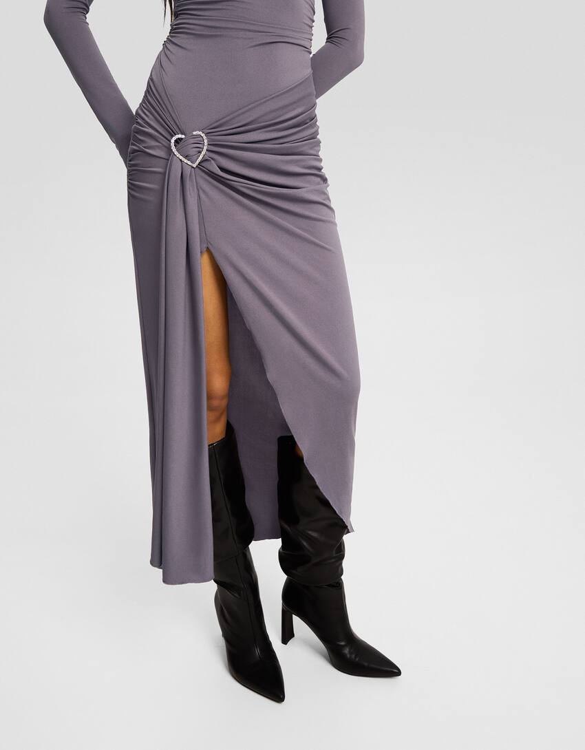 Fitted midi dress with heart detail and front slit-Grey-3