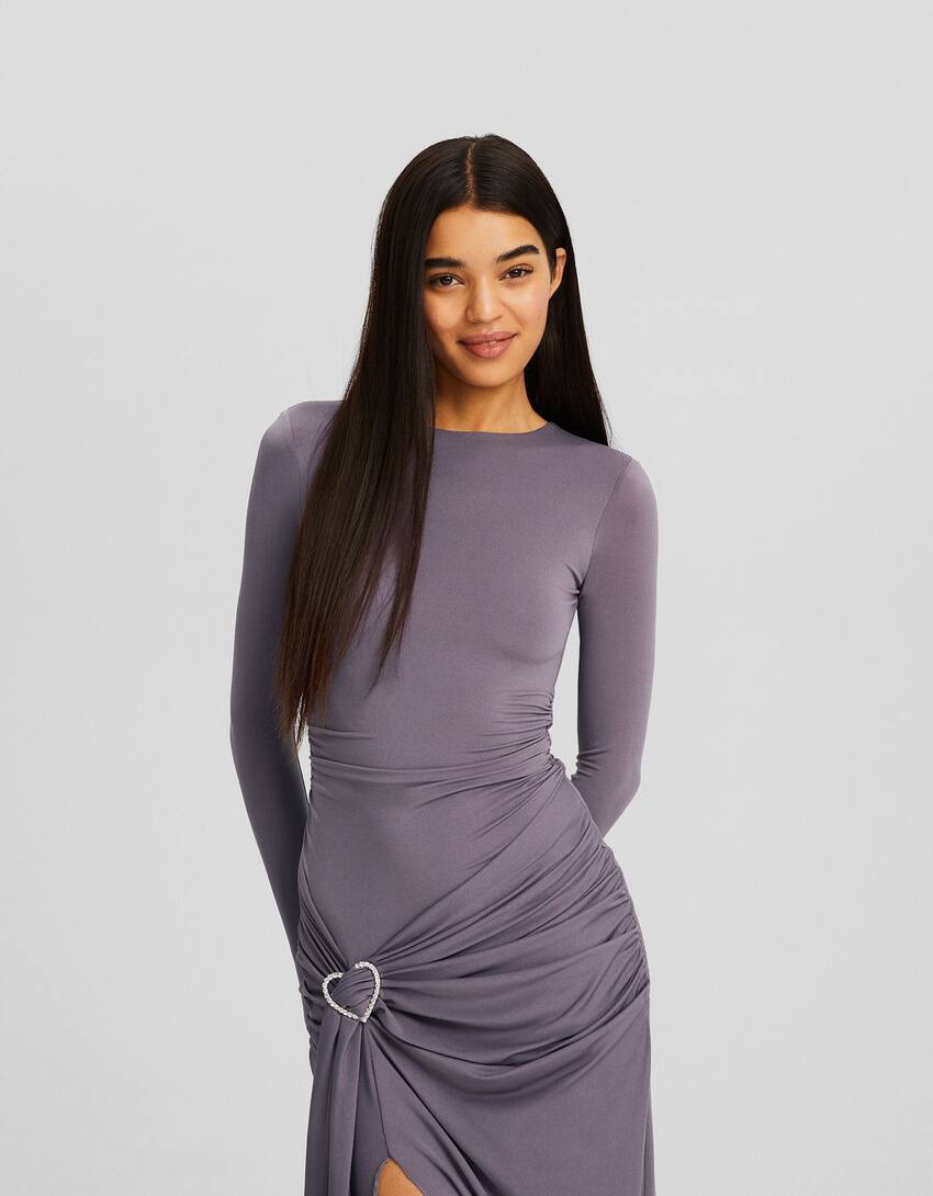 Fitted midi dress with heart detail and front slit-Grey-1