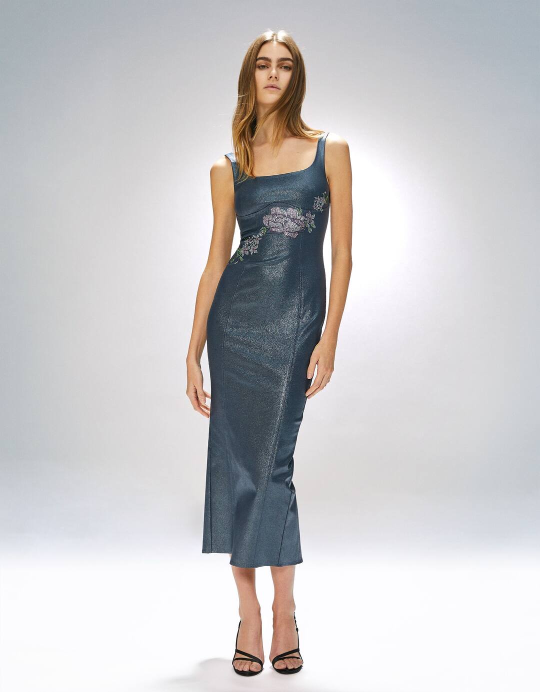 Shimmery strappy comfort midi dress with rhinestones