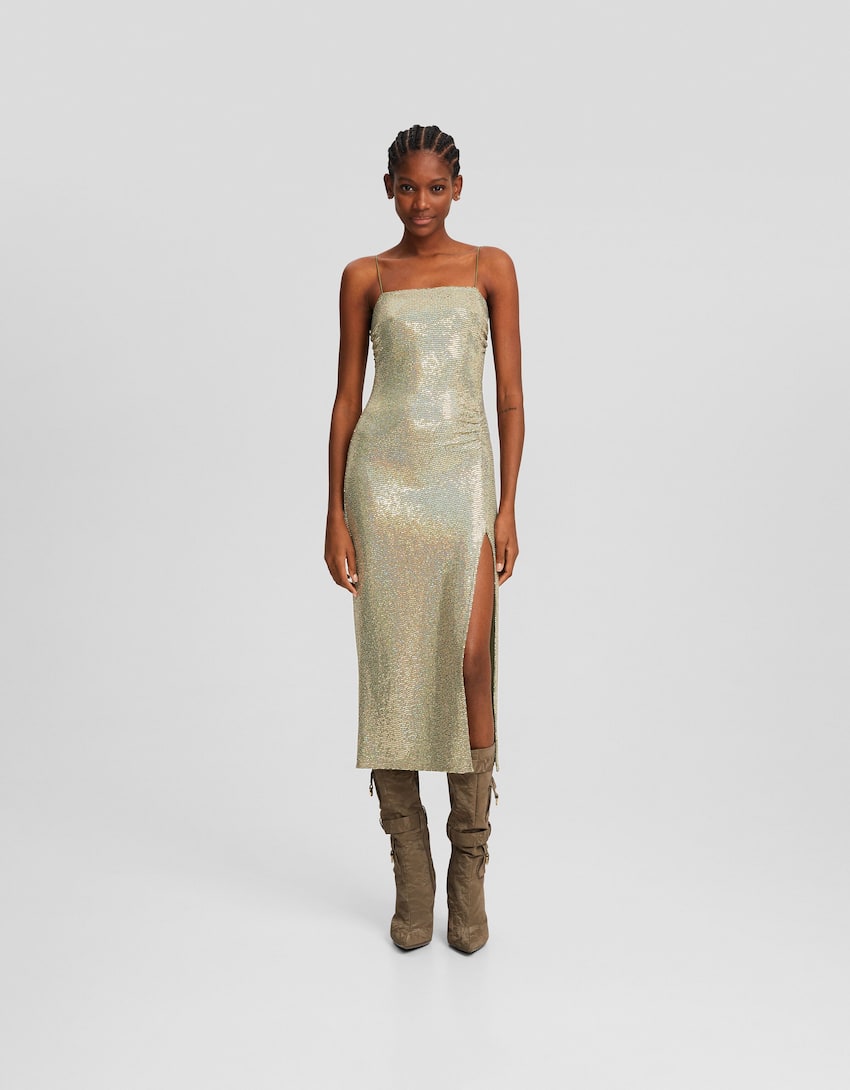 Rhinestone strappy midi dress with side slit-Gold-0