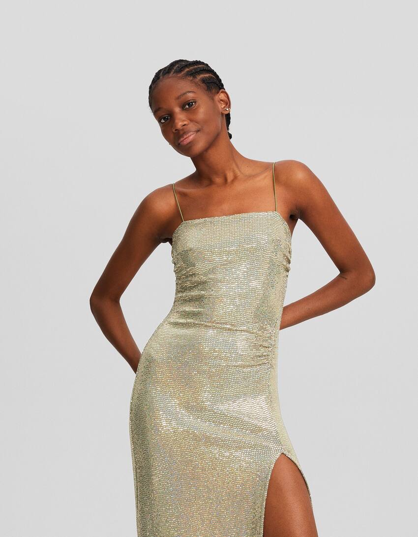 Rhinestone strappy midi dress with side slit-Gold-1