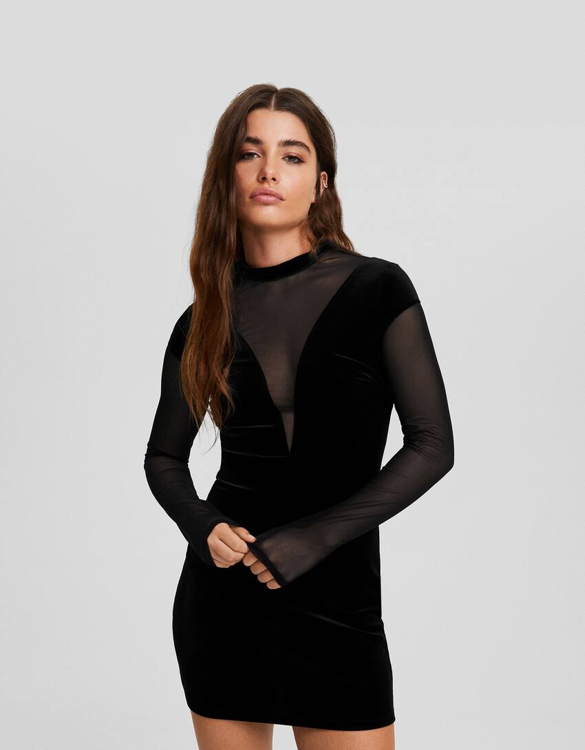 Long sleeve contrast velvet tulle mini dress-Black-1