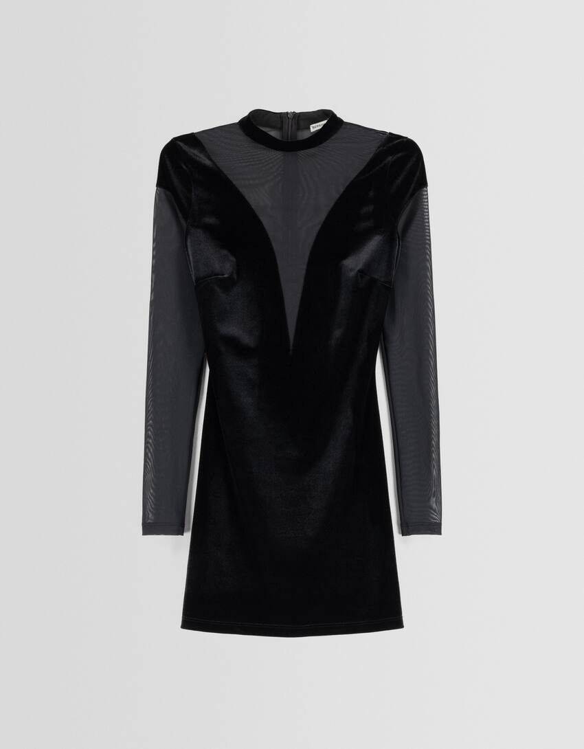 Long sleeve contrast velvet tulle mini dress-Black-4