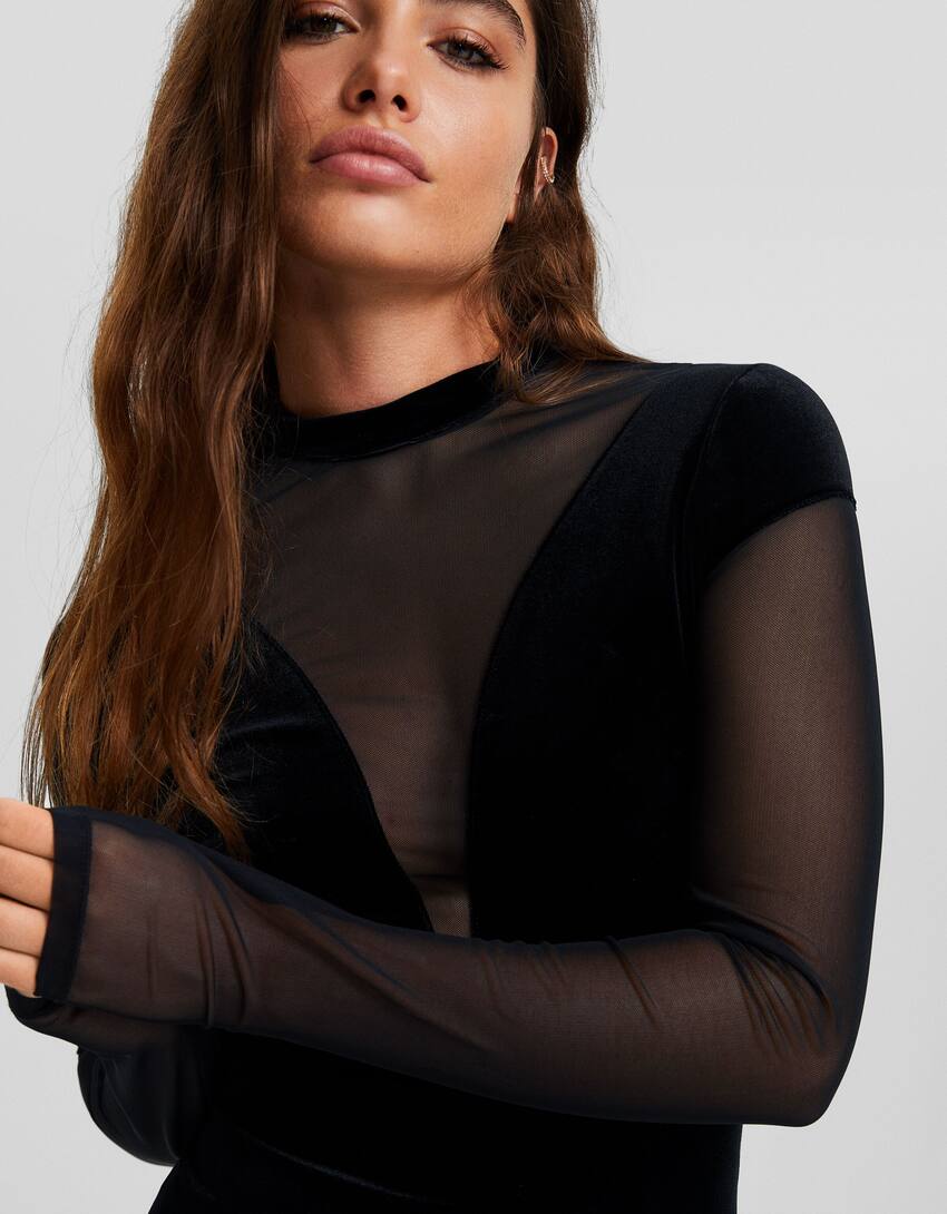 Long sleeve contrast velvet tulle mini dress-Black-3