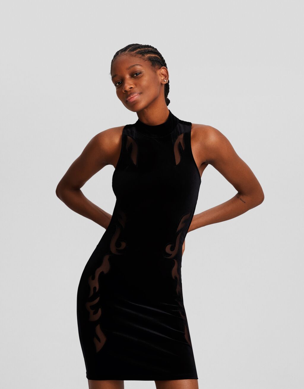 Sleeveless contrast velvet tulle mini dress with transparent