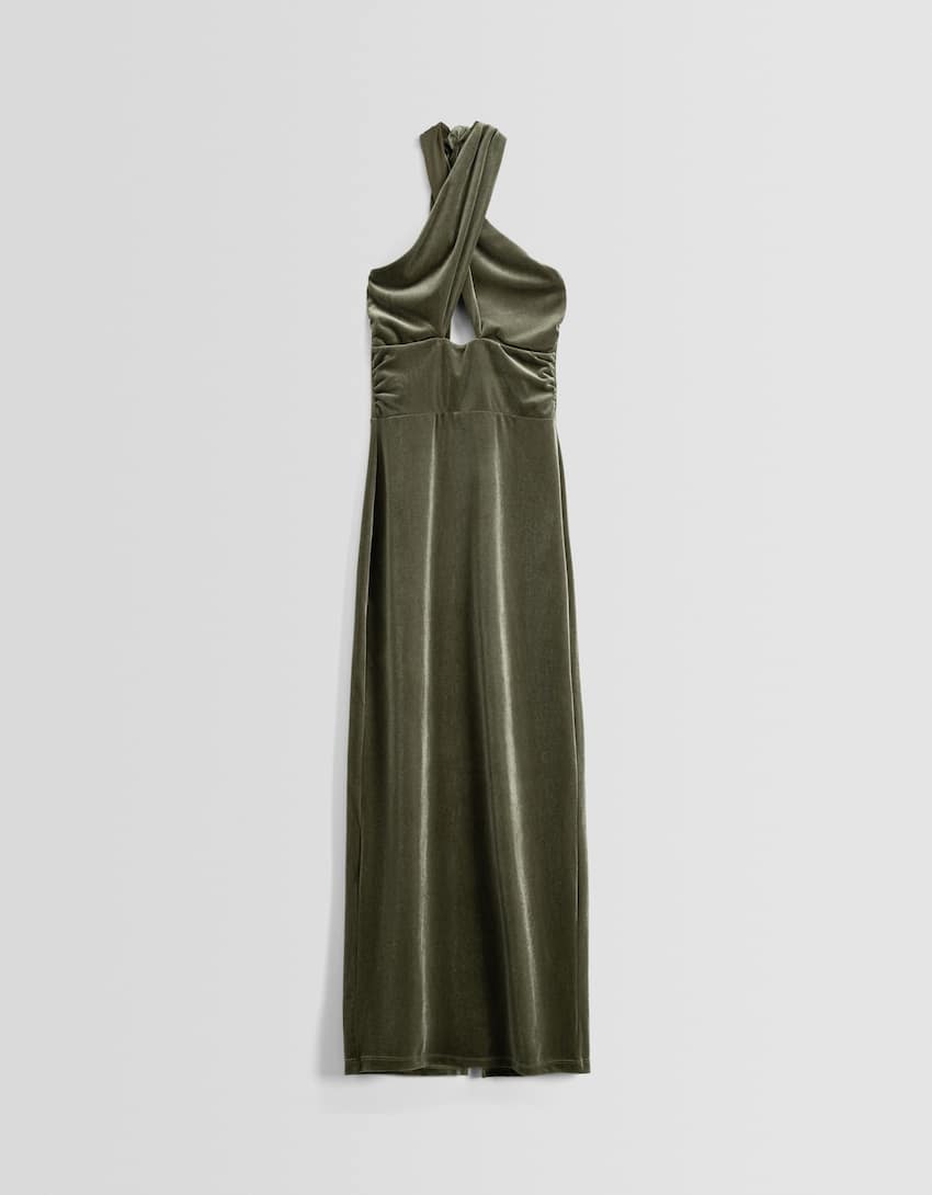Velvet midi dress with tied neckline-Khaki-4
