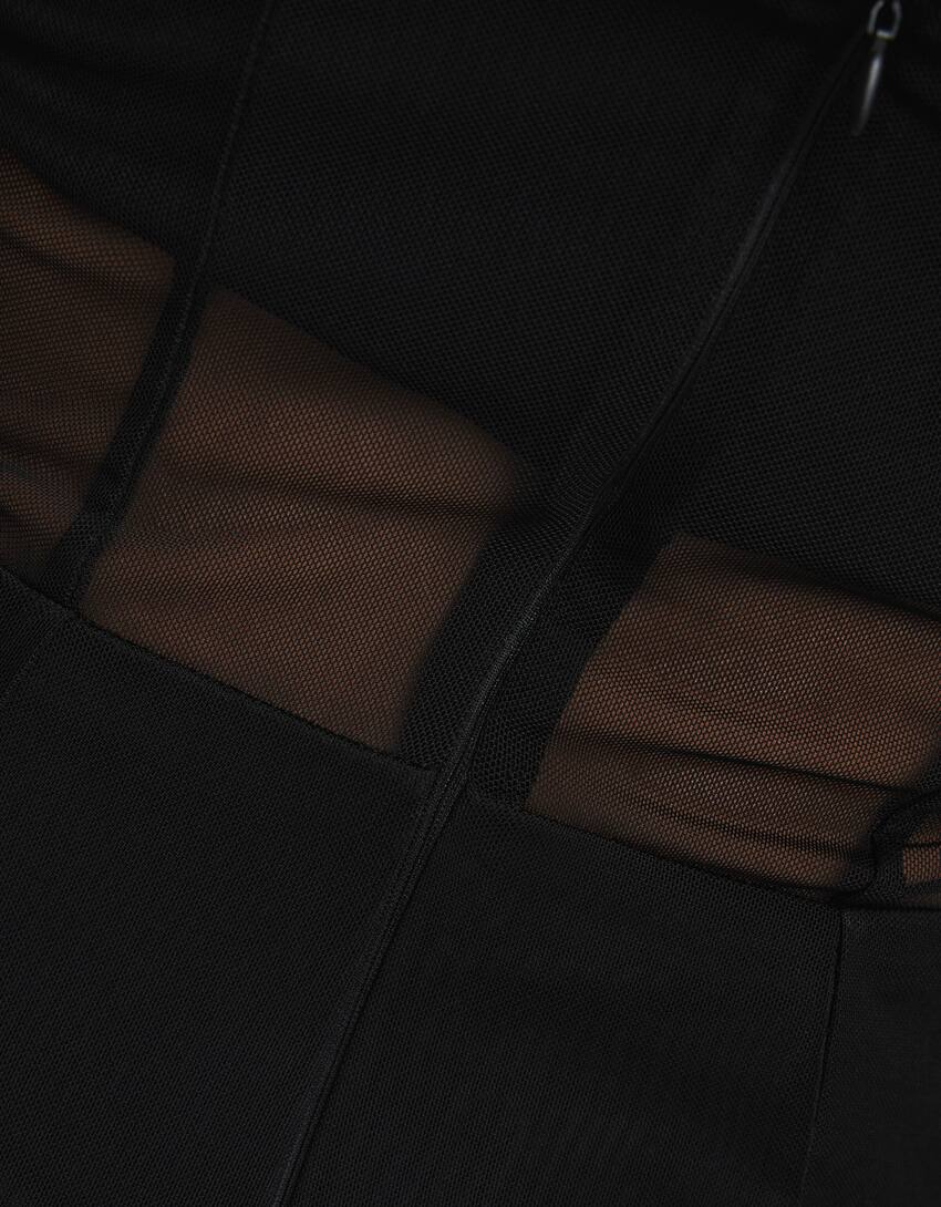 Long bandeau neckline tulle dress-Black-5