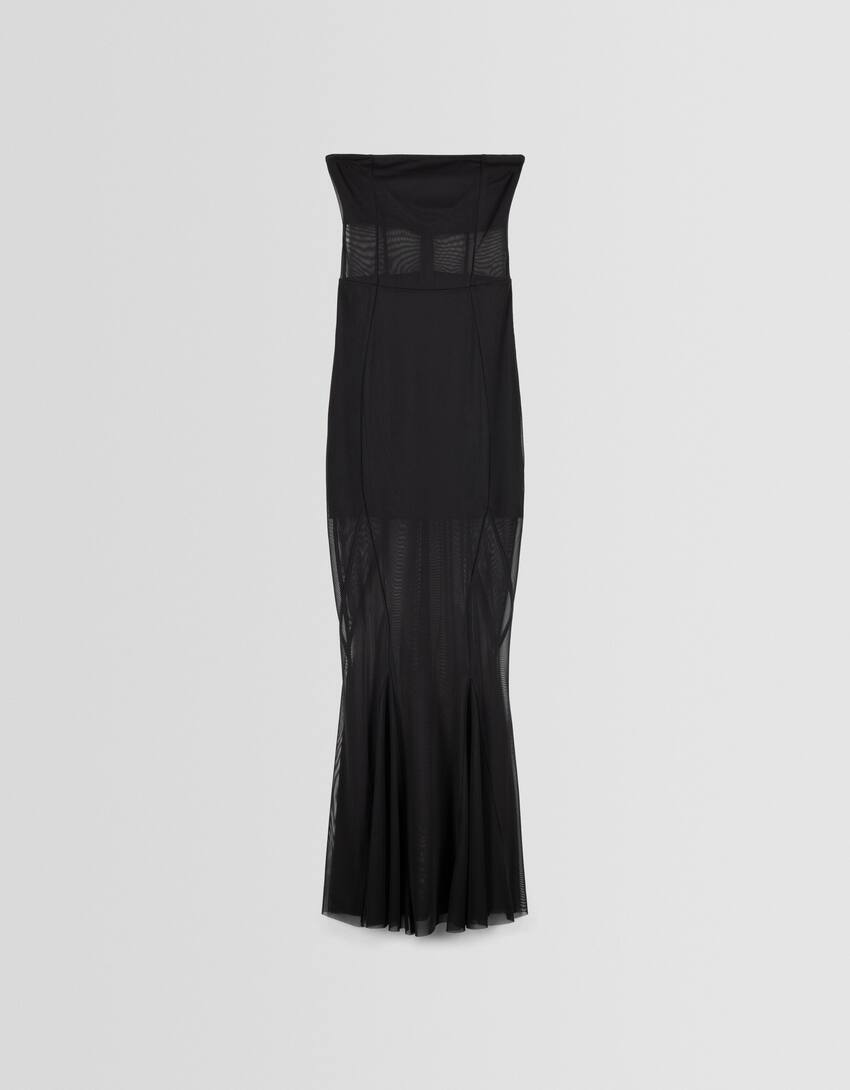 Long bandeau neckline tulle dress-Black-4