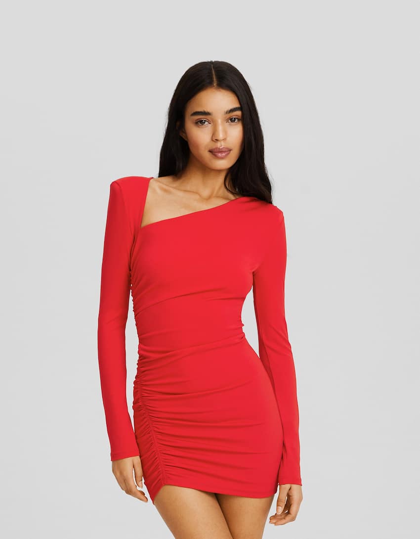Long sleeve mini dress with gathered detailing on the side and shoulder pads-Red-1