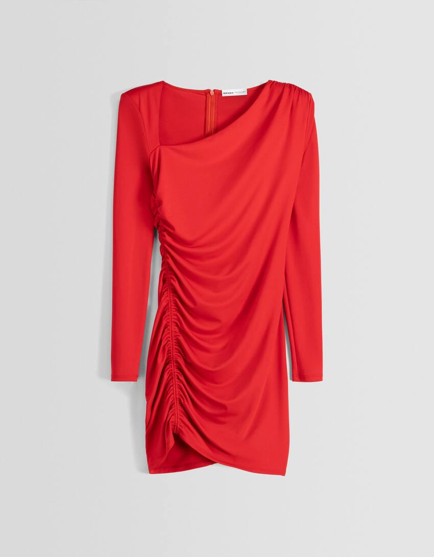 Long sleeve mini dress with gathered detailing on the side and shoulder pads-Red-4