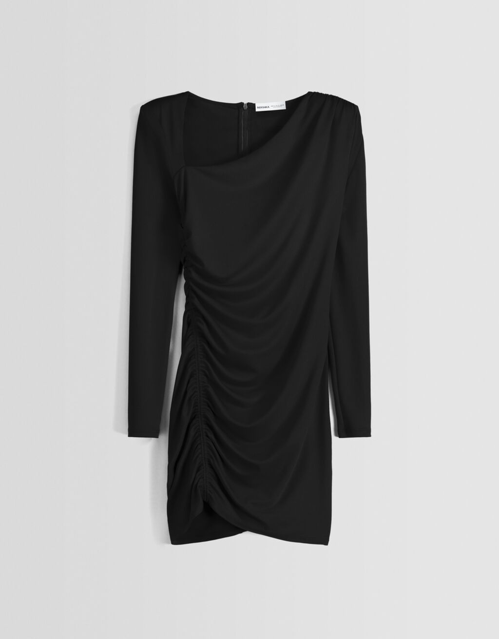 Long sleeve mini dress with gathered detailing on the side and shoulder