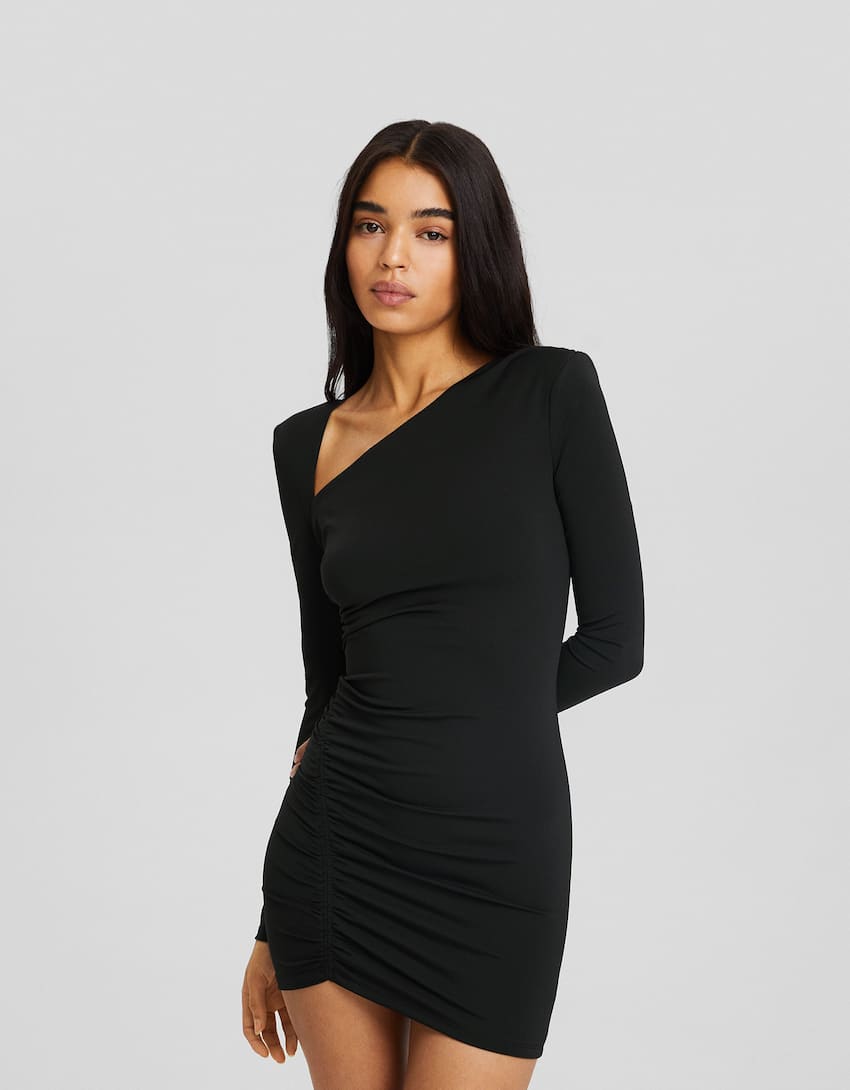 Long sleeve mini dress with gathered detailing on the side and shoulder pads-Black-1