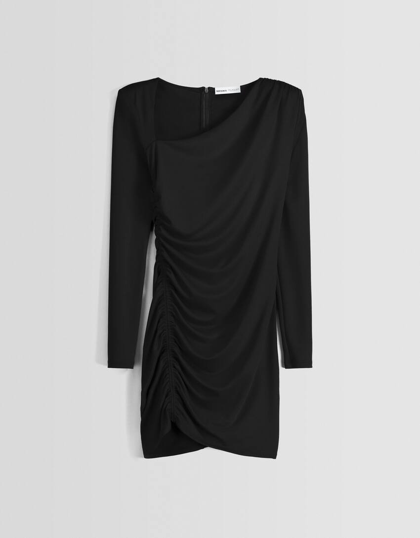 Long sleeve mini dress with gathered detailing on the side and shoulder pads-Black-4