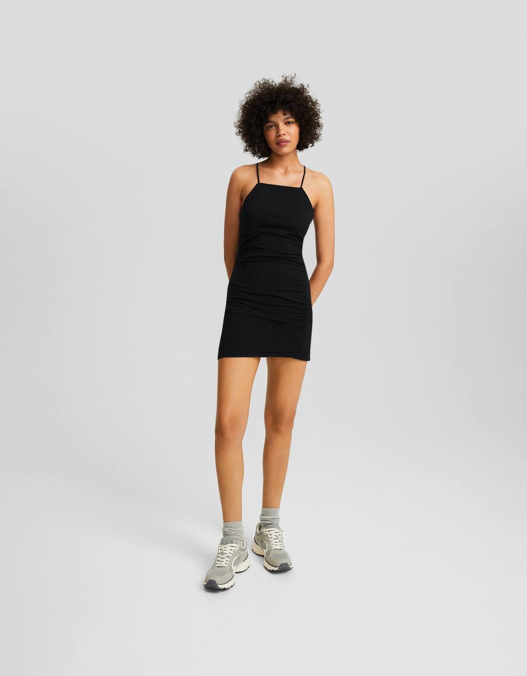 Cotton blend fitted halter mini dress