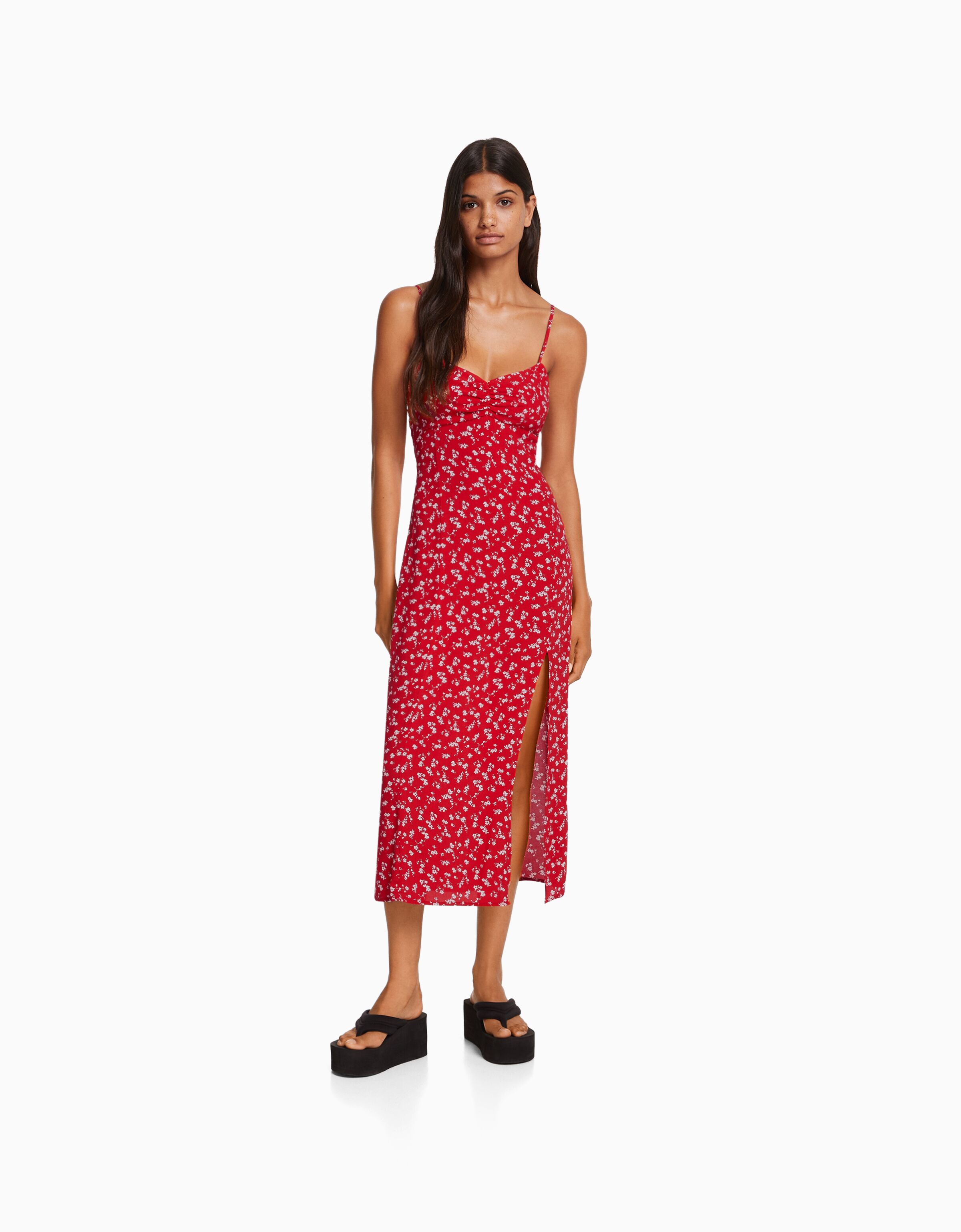 Floral print strappy midi dress Printed BSK Teen Bershka