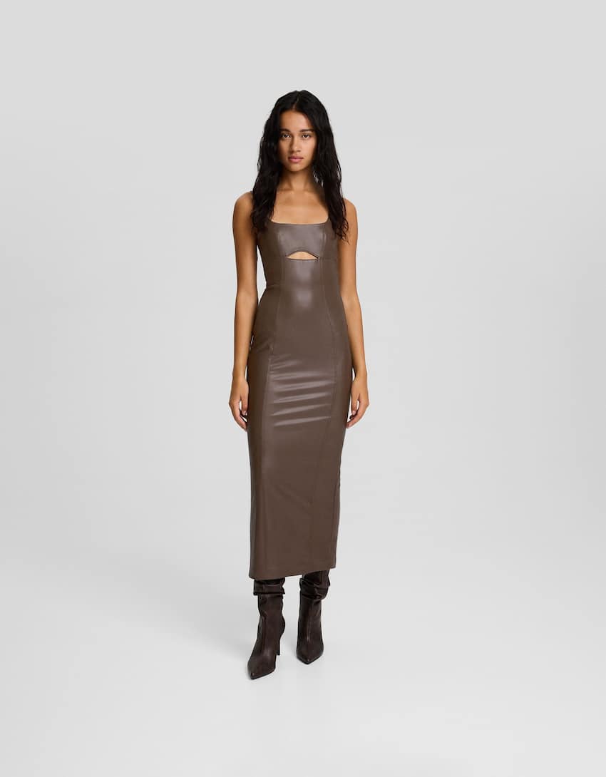Fitted leather effect strappy midi dress-Brown-0