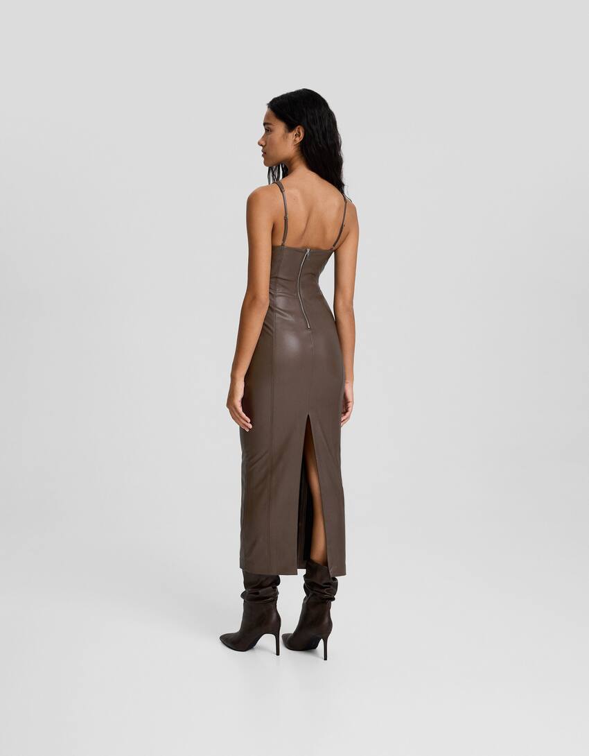 Fitted leather effect strappy midi dress-Brown-2