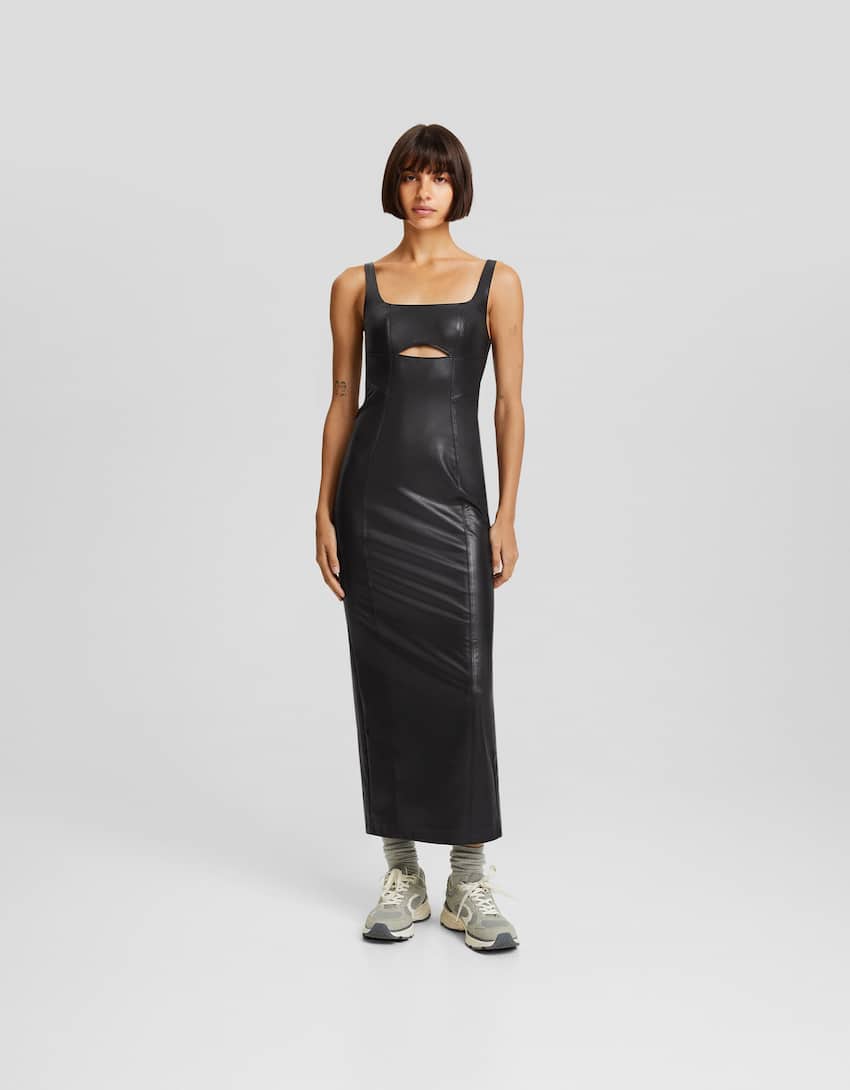 Fitted leather effect strappy midi dress-Black-0