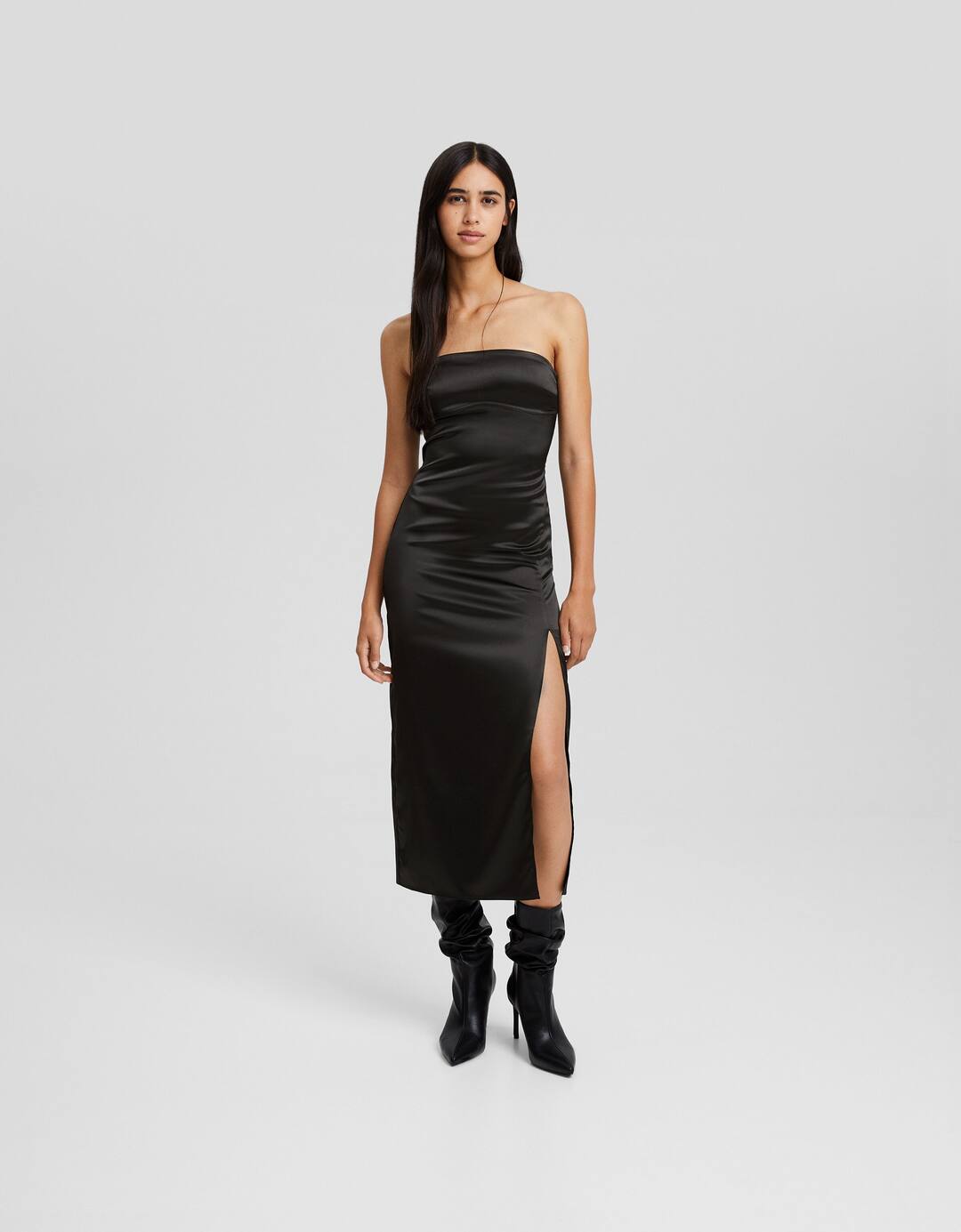 Satin midi bandeau dress with tie at the back