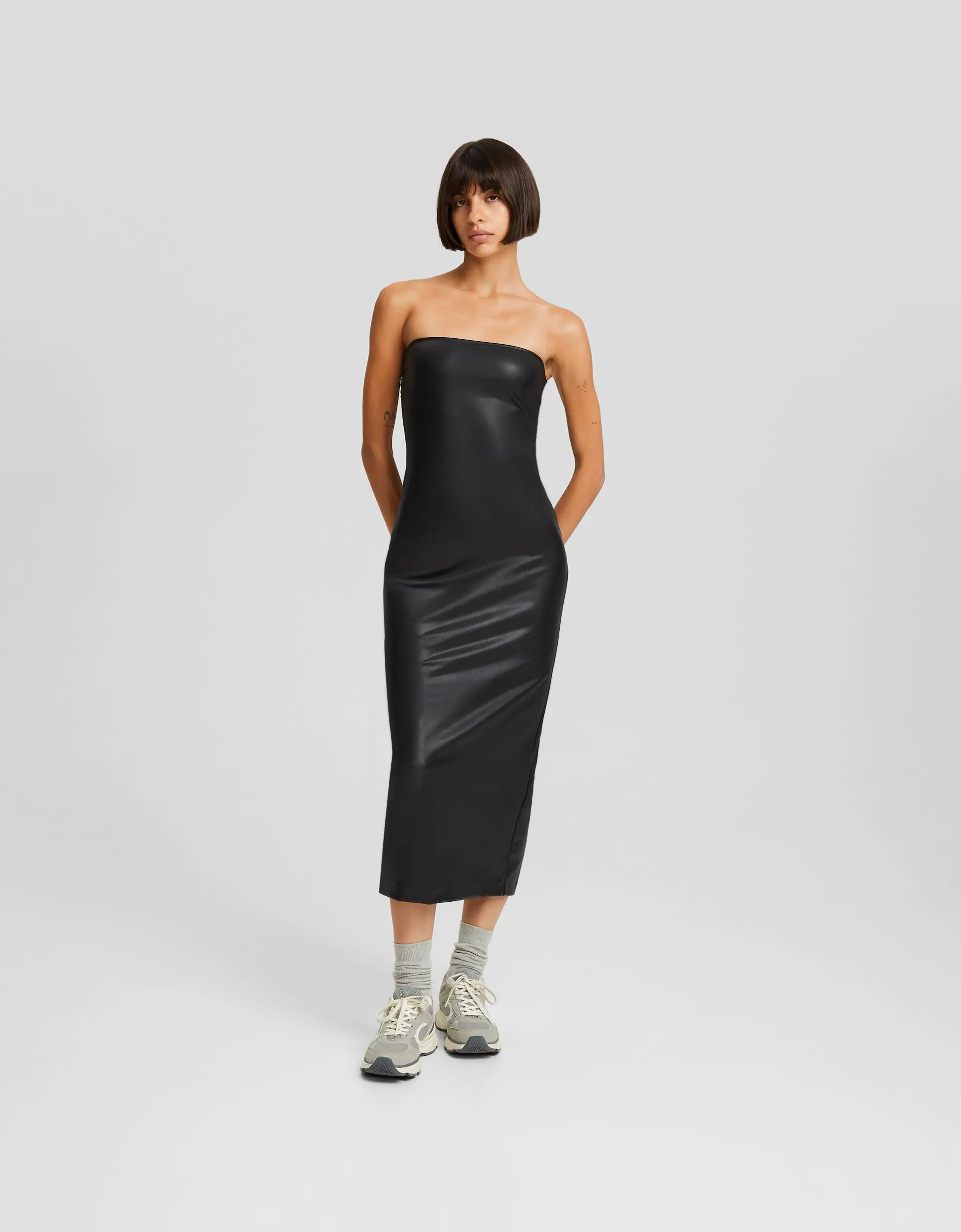 Bershka strapless faux leather bodycon dress in brown